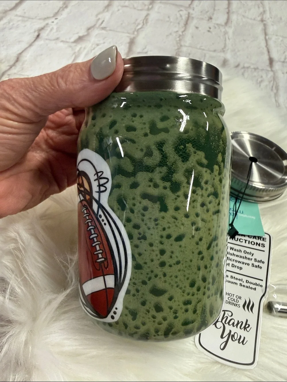 Proxy Metal Mason Jar Green Football with leopard heart Tumbler with lid & Straw